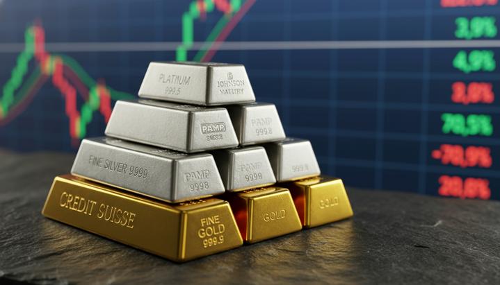 Слитки золота, серебра и платины лежат стопкой на темной поверхности, на размытом фоне виден экран с биржевыми графиками.