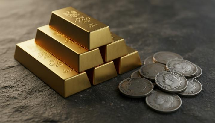 Слитки чистого золота и серебряные монеты лежат стопкой на темной каменной поверхности, отражая мягкий свет.