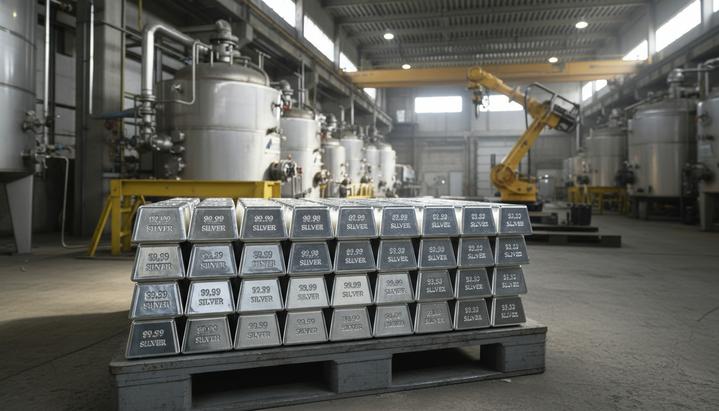 Блестящие слитки серебра высшей пробы 99,99%, сложенные в стопку на металлургическом заводе в Чили.