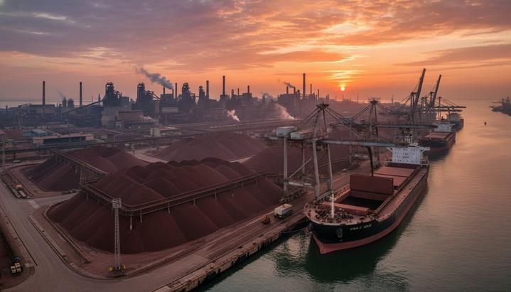 Промышленный порт с огромными горами железной руды на причале, грузовые краны загружают большое торговое судно на рассвете.