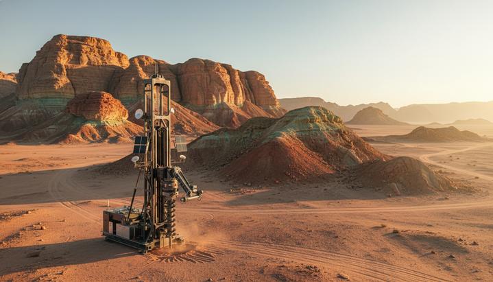 Современная автоматизированная буровая установка в пустыне Саудовской Аравии на фоне скалистых образований, богатых минералами.