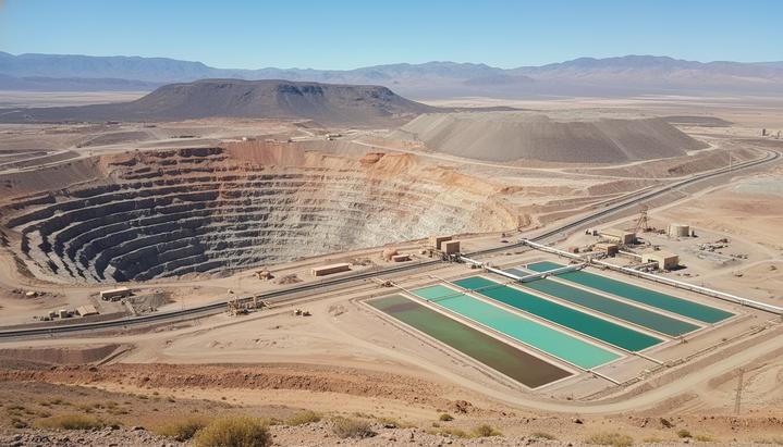 Огромный карьер по добыче меди с террасными стенами и промышленными установками для выщелачивания в пустынной местности.