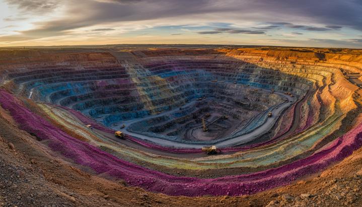 Огромный карьер по добыче редкоземельных металлов с разноцветными геологическими слоями и стоящей вдалеке горной техникой.