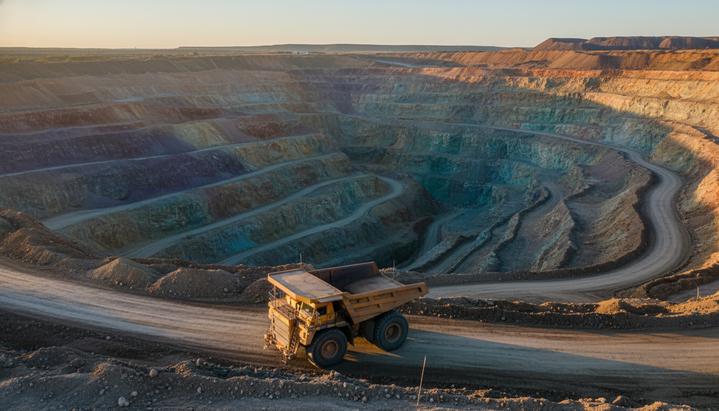 Карьер по добыче редкоземельных минералов с разноцветными пластами породы и стоящим на дороге большим карьерным самосвалом.