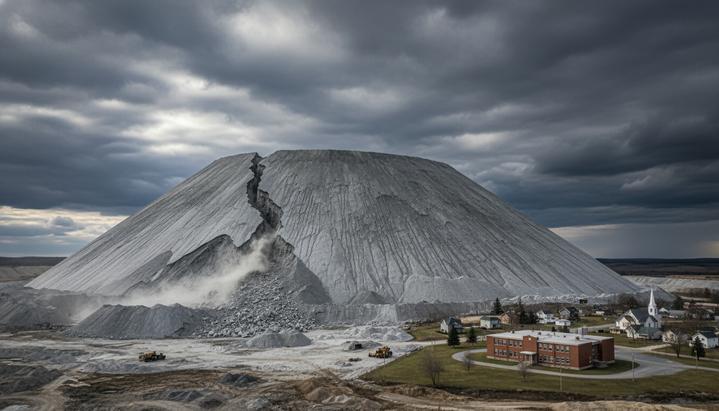Огромный отвал породы на литиевом руднике с признаками частичного обрушения. На заднем плане виден небольшой город.