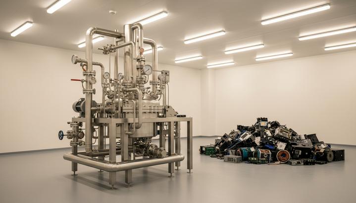 Цех завода по переработке редкоземельных металлов. Современное промышленное оборудование и складированные электронные отходы.