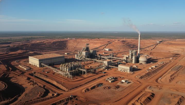 Воздушный вид на медный рудник Камоа-Какула в Конго: промышленные здания, конвейеры и плавильный завод на фоне африканского ландшафта.