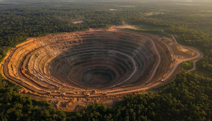 Огромный карьер медного рудника Cobre Panama с высоты птичьего полета, террасные уступы и дороги, на заднем плане – тропический лес.