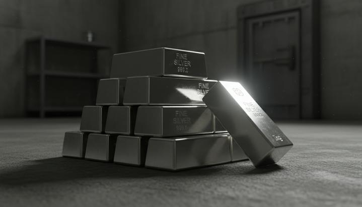 Стопка блестящих серебряных слитков в тускло освещенном хранилище. Один слиток слегка наклонен и отражает яркий луч света.