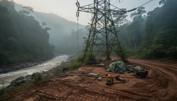 Опора линии электропередачи в густых горных джунглях Папуа. Вокруг строительной площадки видна река и следы на влажной земле.