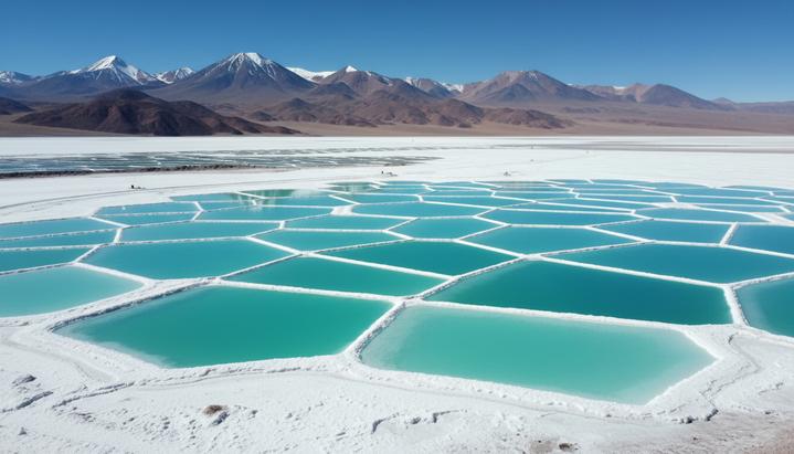 Экспорт горной отрасли Аргентины достиг рекордных 6,037 млрд долларов Белоснежная соляная равнина с бирюзовыми бассейнами для выпаривания лития на фоне горной цепи Анд в Аргентине.