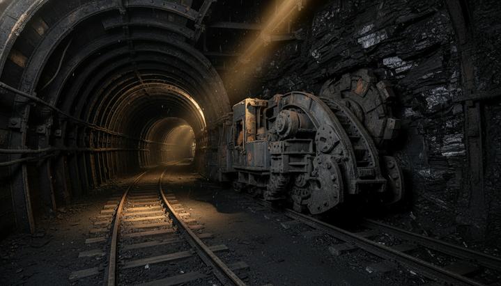 Конец эпохи: Чехия закрывает последнюю шахту по добыче чёрного угля Пустой тоннель угольной шахты с рельсами, уходящими в темноту. У стены стоит остановленная угледобывающая машина.