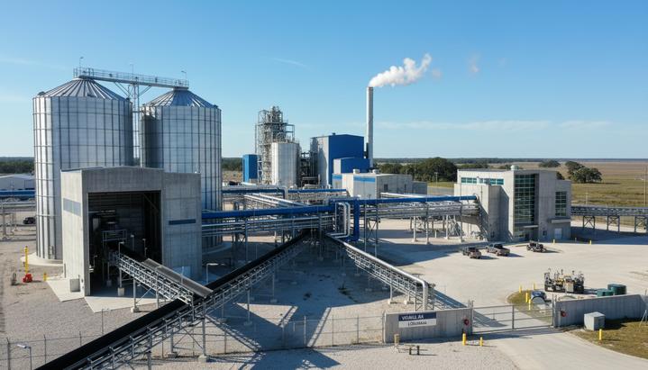 Syrah и Tesla: судьба графитового контракта снова отложена Современный завод по переработке графита с промышленными зданиями, трубопроводами и высокими силосами для хранения сырья под ясным небом.