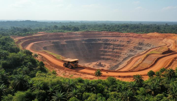 Большой железорудный карьер в Гвинее с красно-оранжевыми террасами и горнодобывающей техникой без людей.