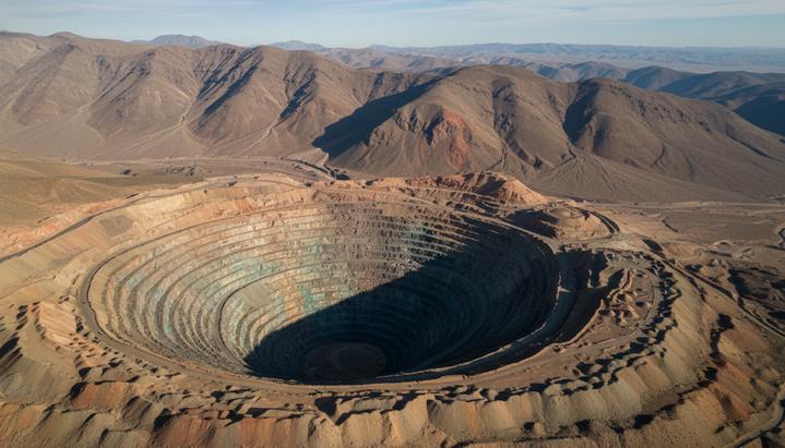 Чили откладывает пик добычи меди: прогнозы пересмотрены в сторону снижения Огромный карьер по добыче меди с разноцветными террасами на фоне засушливого горного хребта Анд в Чили. Вид с воздуха.
