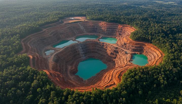 Воздушный вид на огромный карьер по добыче полезных ископаемых, который вторгается в густой тропический лес в Индонезии.