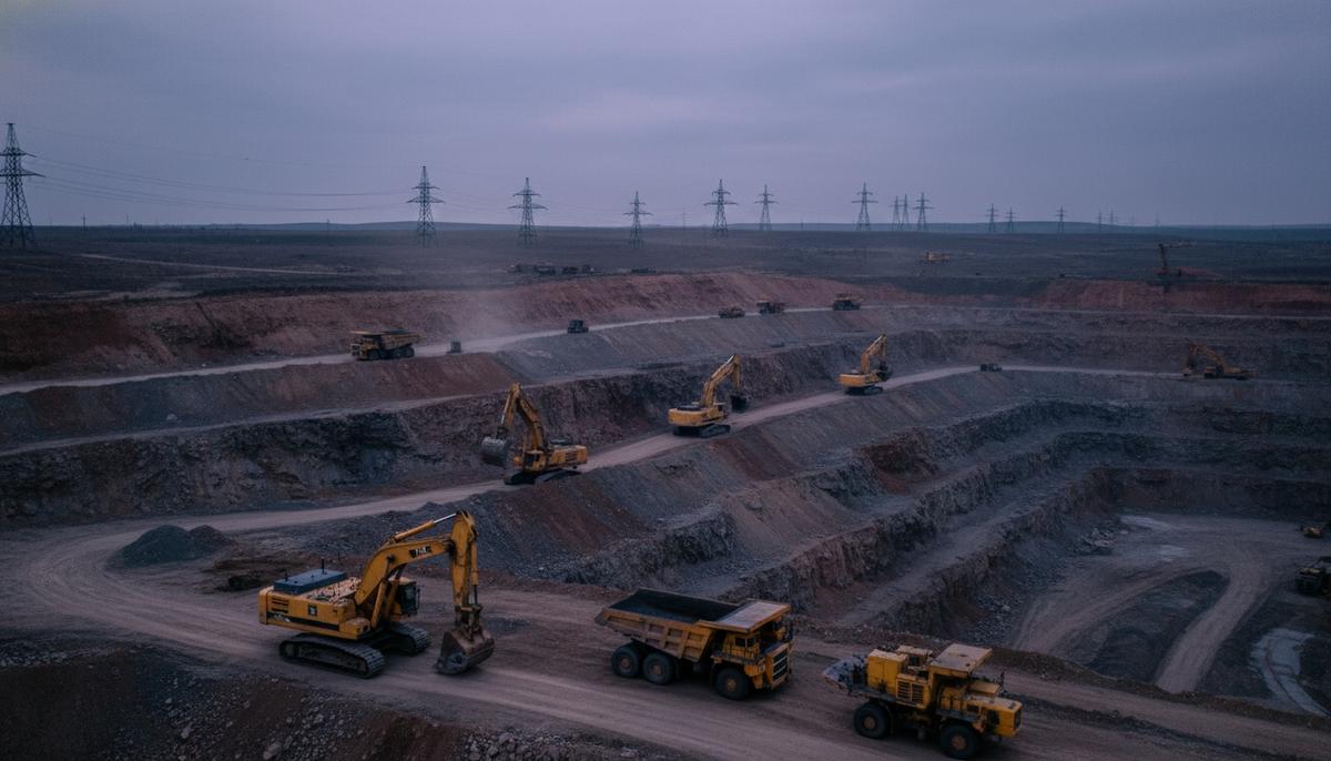 Карьер по добыче железной руды в сумерках. Крупная горная техника, самосвалы и экскаваторы, простаивает на месте.
