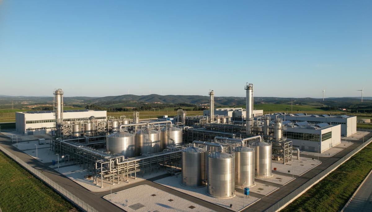 Португалия строит литиевый завод: новый шаг к автономии Европы Современный завод по переработке лития с большими резервуарами и трубопроводами на промышленной площадке в Португалии.