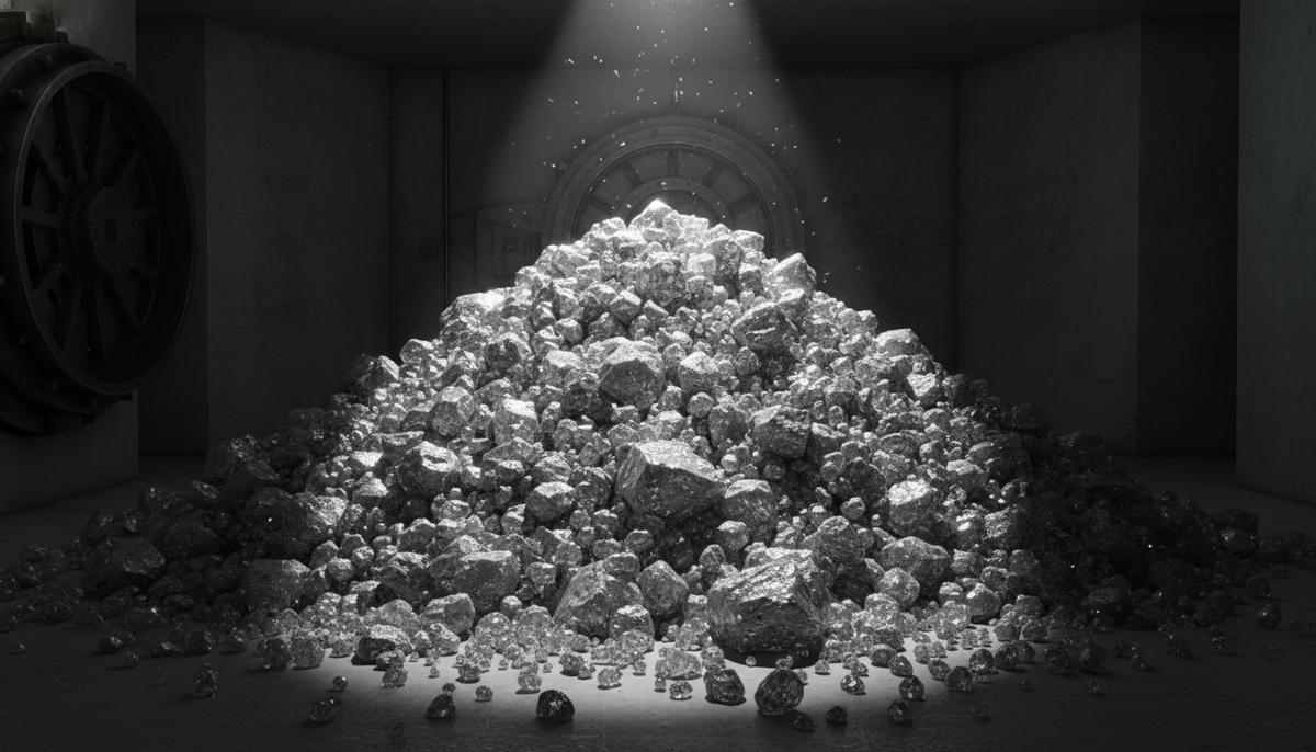 Алмазный кризис в Ботсване: запасы вдвое превышают норму Большая гора необработанных, сырых алмазов разного размера, лежащих в темном хранилище под ярким светом лампы.