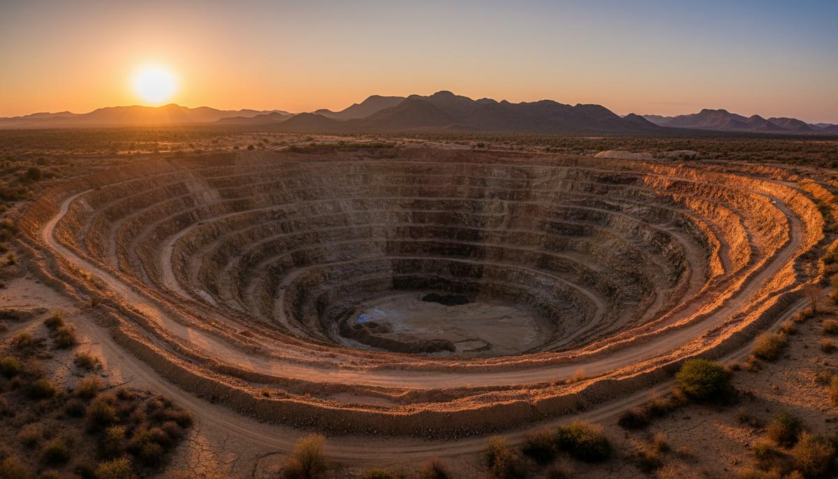 Огромный карьер по добыче золота в Зимбабве с террасными склонами и видимыми геологическими пластами пород в лучах заходящего солнца.