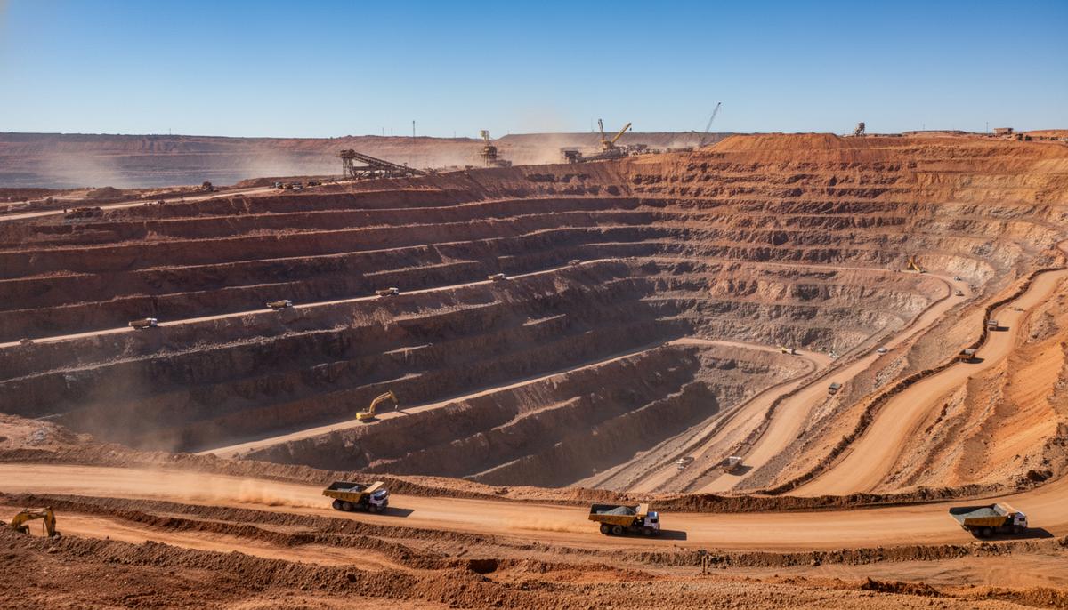 США укрепляют контроль над редкими землями: мегасделка в Австралии Огромный карьер по добыче редкоземельных металлов с террасами и геологическими слоями. Видна крупная горная техника.