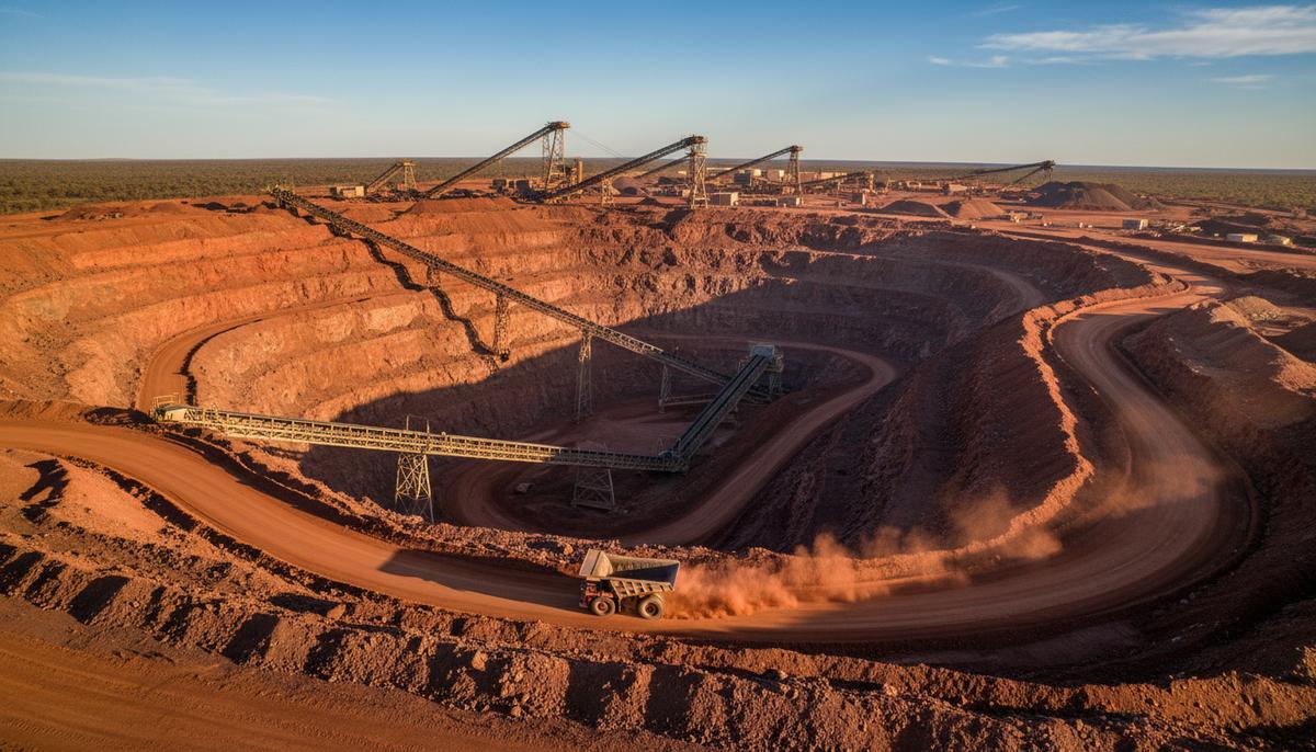 Rio Tinto: рекордная медь и борьба за железное лидерство с Vale Панорамный вид на огромный железорудный карьер с красными террасами и гигантским самосвалом на дороге.