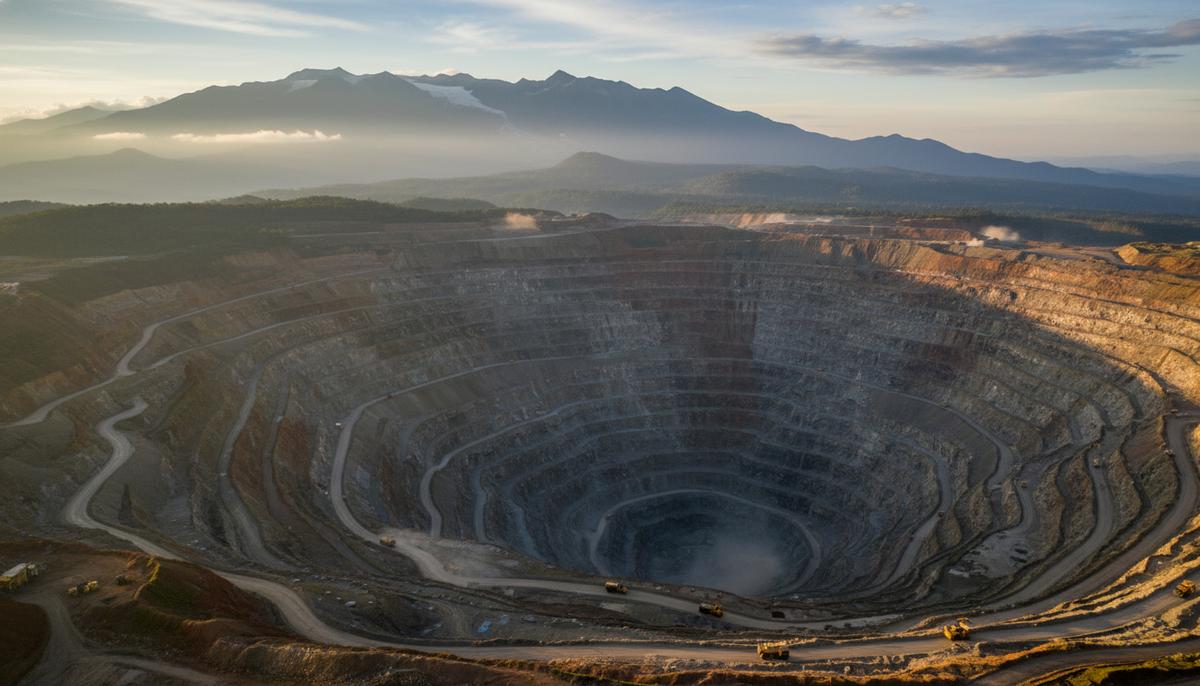 Панорамный вид на огромный карьер рудника Грасберг в Индонезии с террасными склонами и едва различимой горнодобывающей техникой.