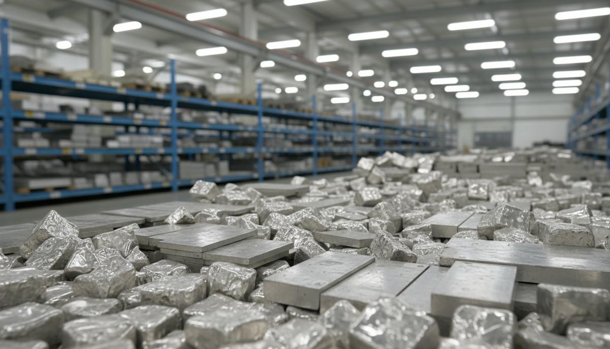 Штабель никелевых катодов и брикетов на складе металлургического предприятия. Крупный план показывает блестящую текстуру металла.