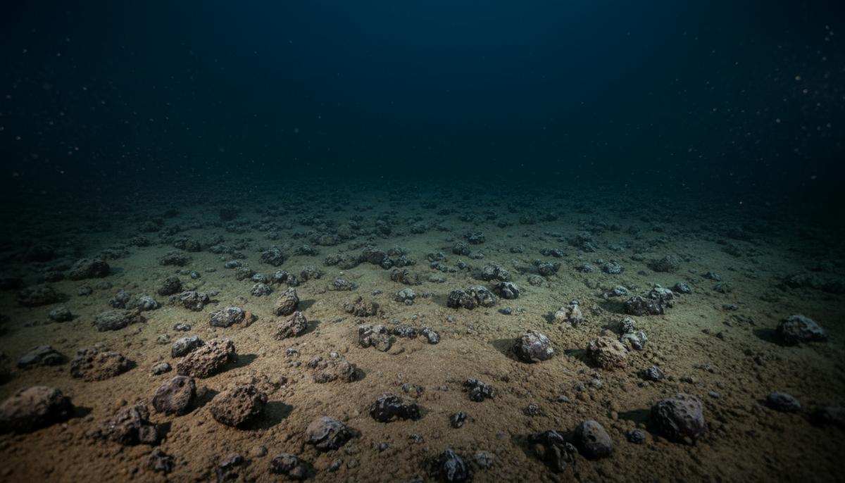 Гонка на дне океана: США упростили правила для добычи редких металлов Дно глубокого океана, усыпанное полиметаллическими конкрециями, которые освещает луч света от подводного аппарата.