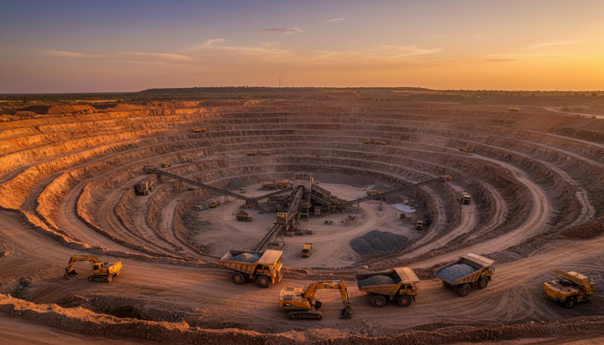 Крупный карьер по добыче золота в Мали с террасными уступами и горнодобывающей техникой на фоне африканского пейзажа.