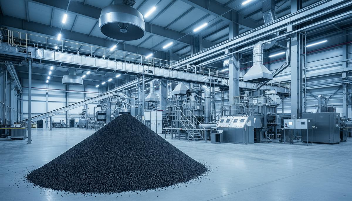 Большая насыпь медного концентрата в цехе современного медеплавильного завода на фоне промышленного оборудования.