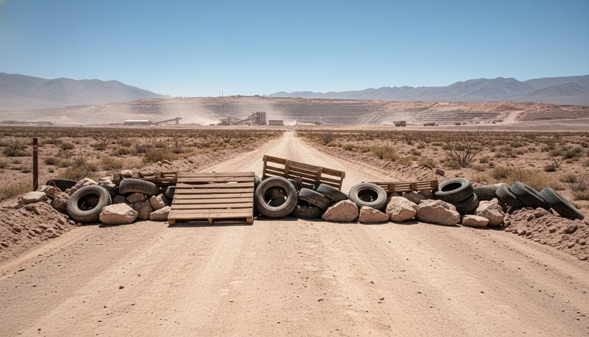 Пустынная дорога к горнодобывающему комплексу в Чили, перекрытая временными баррикадами из камней и автомобильных шин.