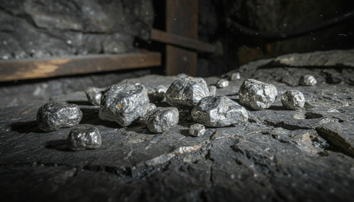 Крупный план необработанных самородков платины на темной скальной породе в шахте. Металлический блеск платиновой руды.