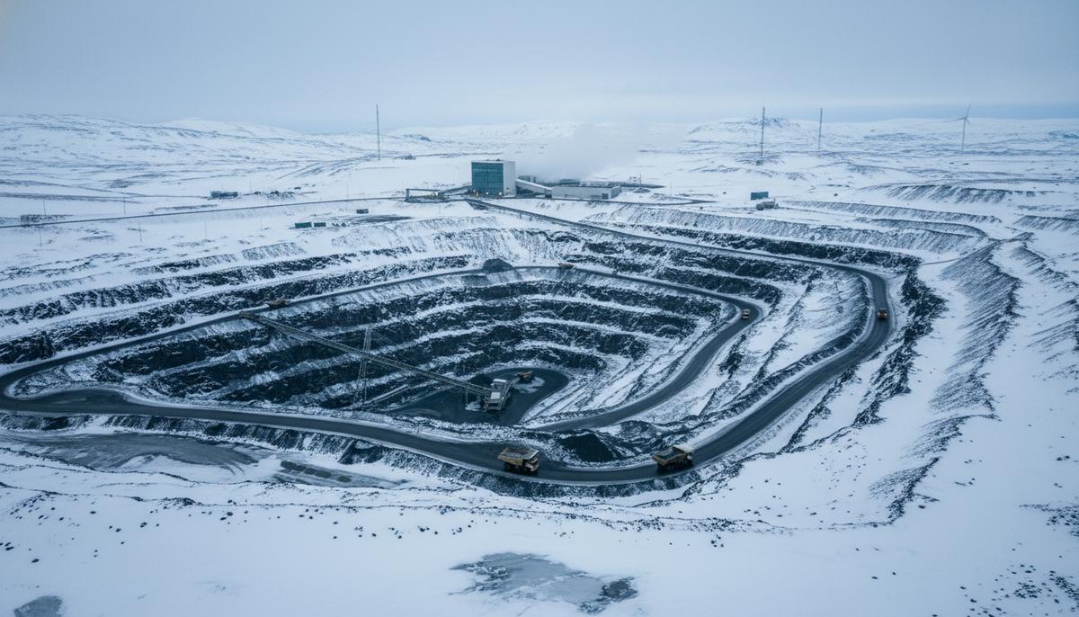 Открытый карьер по добыче графита среди заснеженных скал северной Швеции. На фоне видны здания современного перерабатывающего завода.