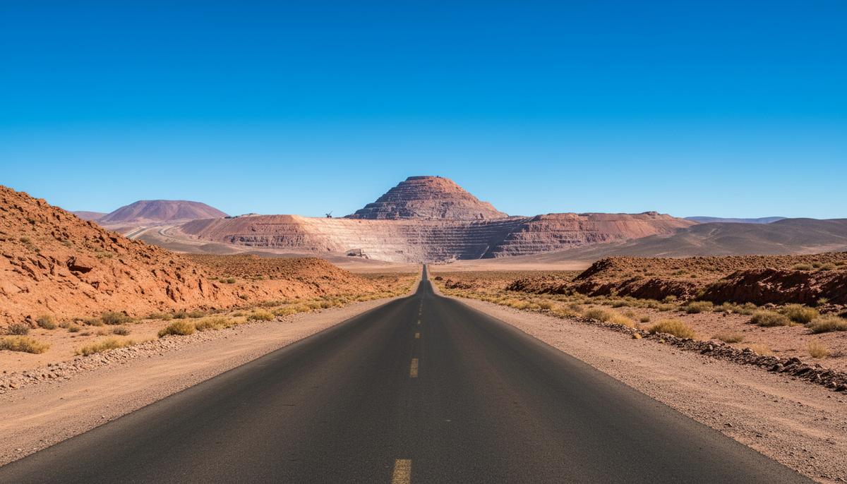 Пустая асфальтированная дорога, ведущая через засушливую горную пустыню к огромному медному карьеру в Чили.