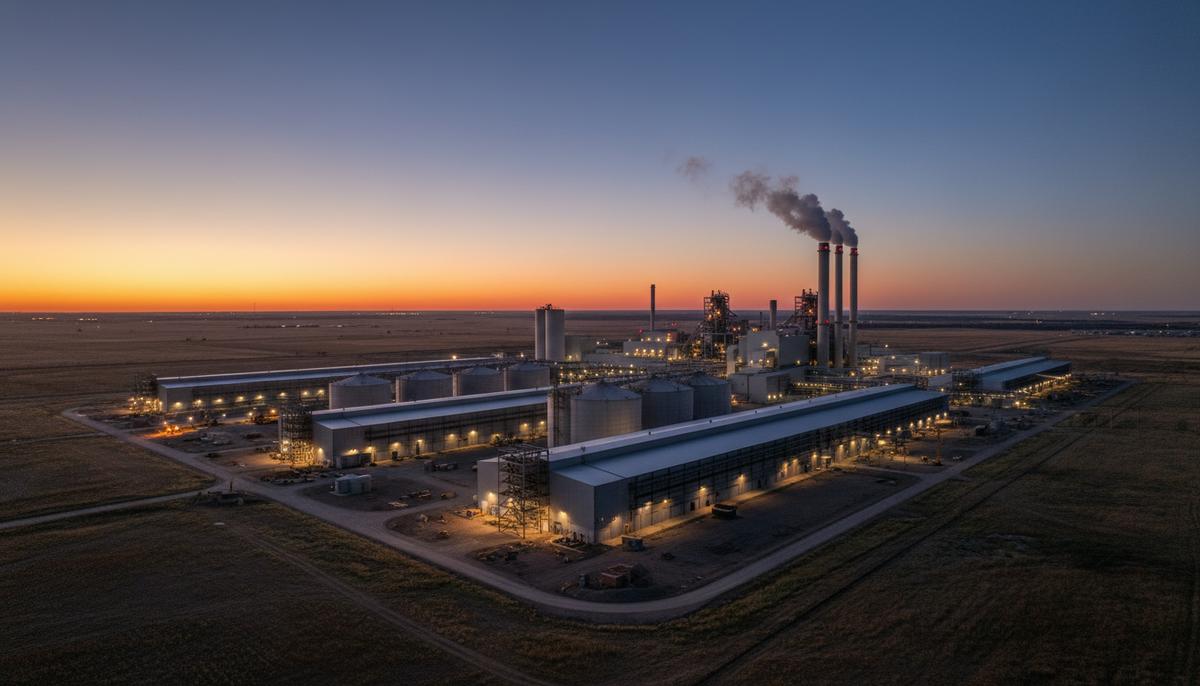 США удвоят производство алюминия: новый завод построят в Оклахоме Современный алюминиевый завод с высокими трубами и промышленными корпусами на фоне равнинного пейзажа Оклахомы в сумерках.