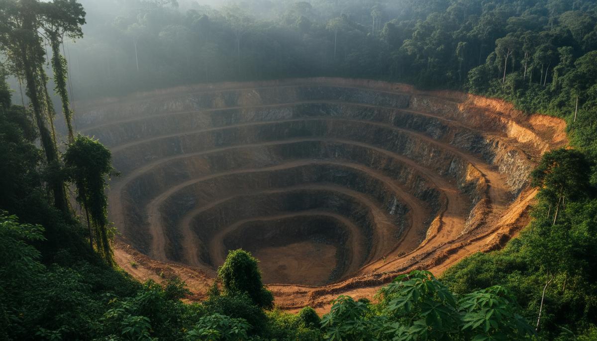 Огромный железорудный карьер с красной почвой и террасными уступами, заброшенный и без техники, посреди густого тропического леса.