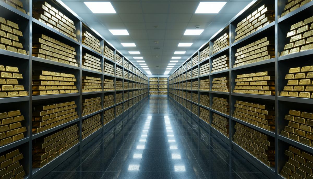 Ряды аккуратно сложенных золотых слитков в современном, хорошо освещенном банковском хранилище.