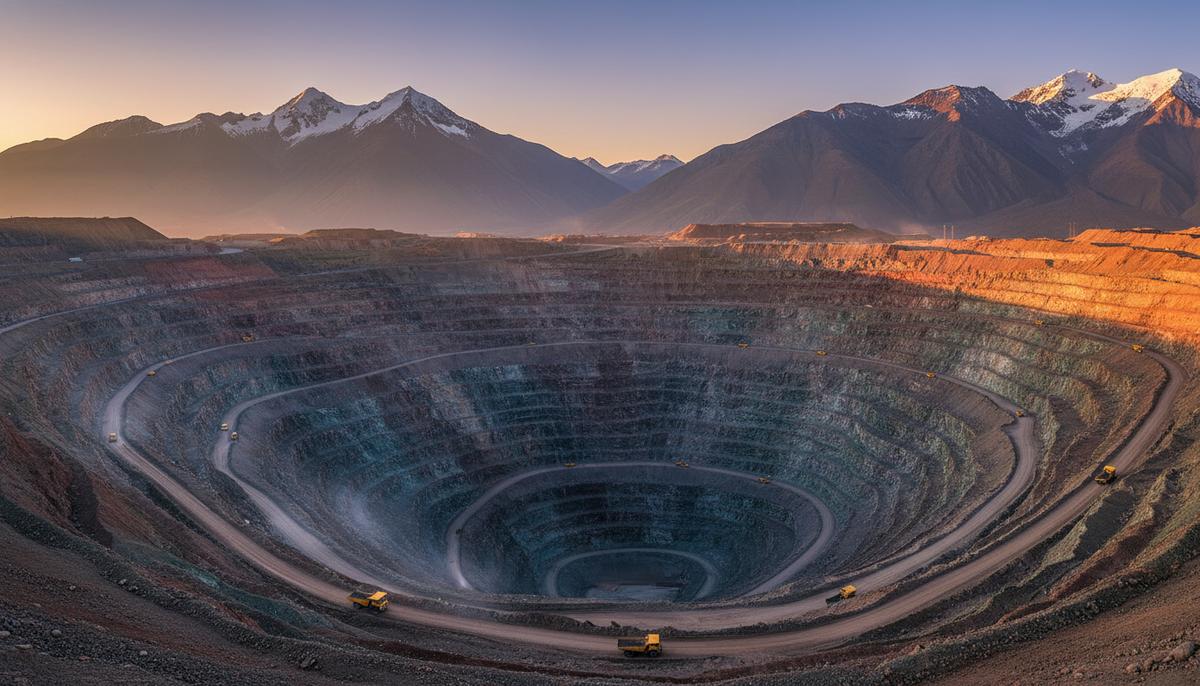 Огромный карьер по добыче меди в горах Андах, с высоты птичьего полета видны ступенчатые террасы и гигантская горная техника.