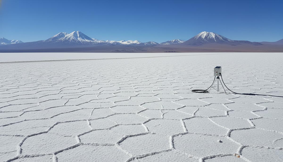Бескрайний солончак Марикунга в Чили с белой соляной коркой и оборудованием для добычи лития на фоне Андских гор.