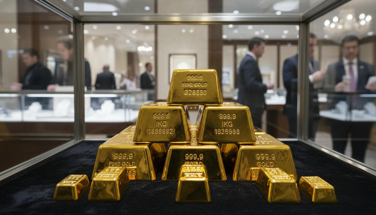 Блестящие золотые слитки разного размера аккуратно сложены на бархатной подставке в стеклянной витрине магазина.