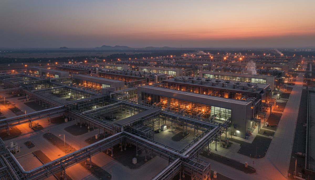 Современный алюминиевый завод в сумерках. Промышленный пейзаж с трубами, конвейерами и освещенными цехами.