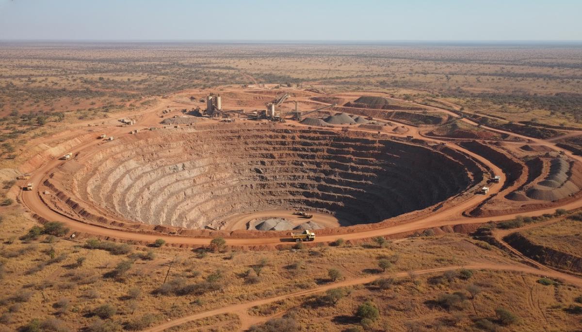 Общий вид золотодобывающего карьера Янфолила в Мали с террасами и горнодобывающей техникой на фоне африканского пейзажа.