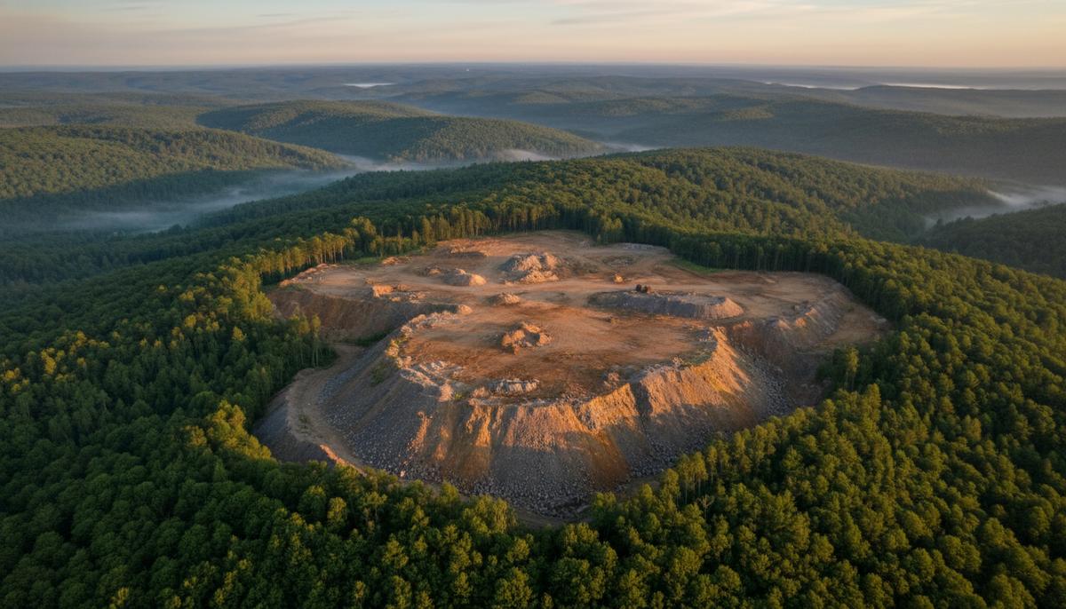 Индия ужесточает правила добычи: конец «бумажным» аукционам Участок под разработку месторождения с высоты птичьего полета. Вырубленная зона с красной землей на фоне зеленых холмов.