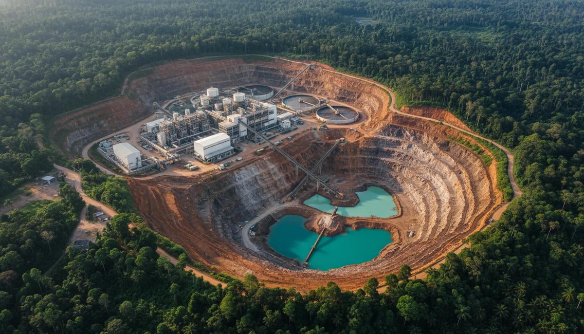 Завод по переработке редкоземельных металлов в карьере, окруженном густым тропическим лесом. Вид сверху.