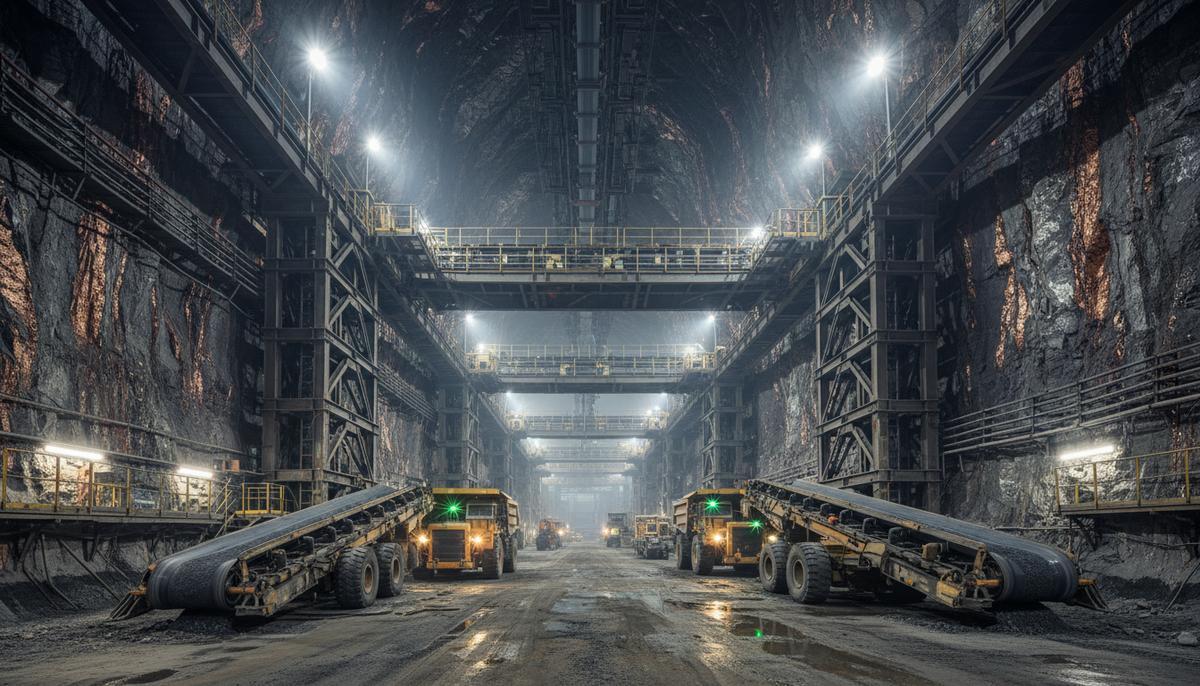 Глубокая шахта рудника «Скалистый» с промышленным оборудованием и конвейерными лентами для добычи богатой руды.
