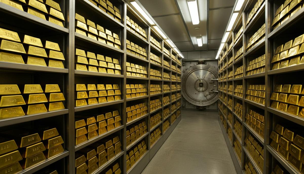 Внутреннее помещение банковского хранилища со стеллажами, на которых аккуратно сложены ряды блестящих золотых слитков.