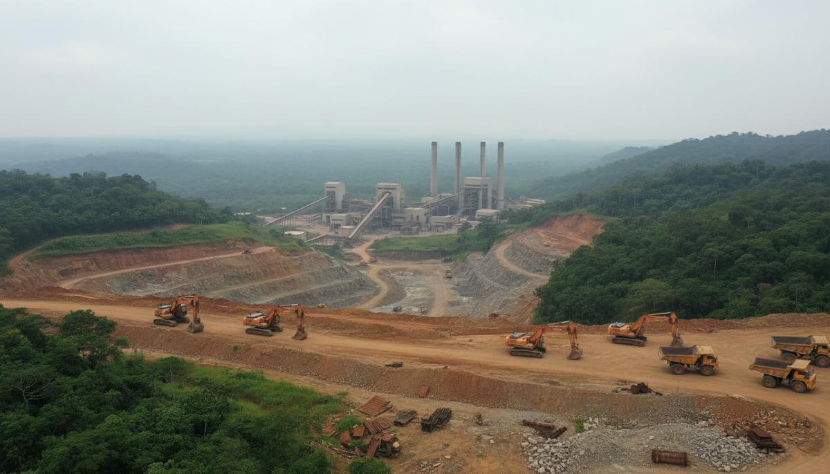 Промышленный пейзаж никелевого рудника и перерабатывающего завода в Гватемале на фоне тропических холмов.