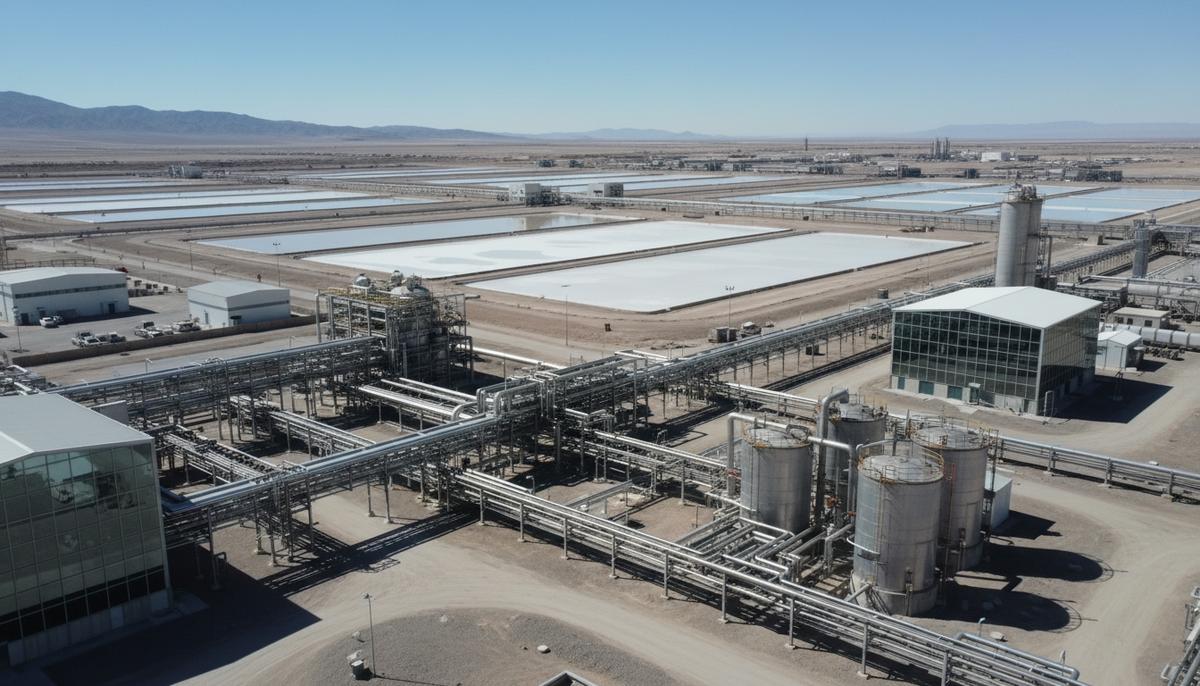 Индия бросает вызов Китаю: субсидии на переработку лития и никеля Современный завод по переработке лития с крупными резервуарами, трубопроводами и промышленными конструкциями.