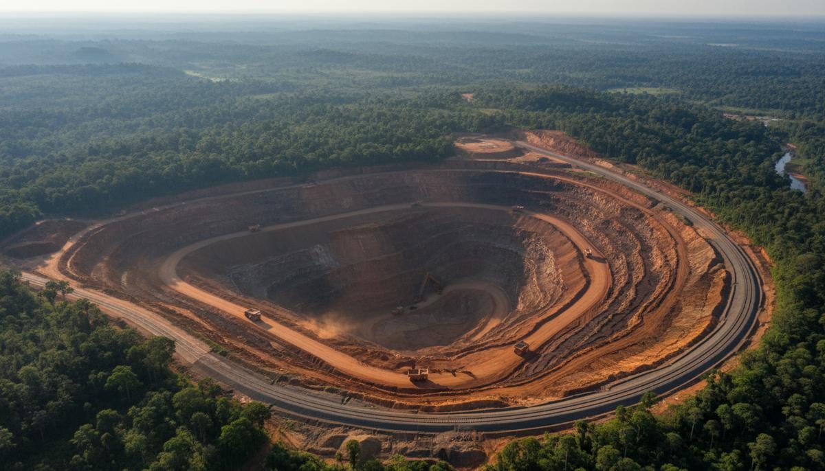 Китайский гигант Baowu получил контроль над ключевым проектом Симанду Огромный карьер по добыче железной руды Симанду в Гвинее с высоты птичьего полета. Рядом с рудником проходит железная дорога.